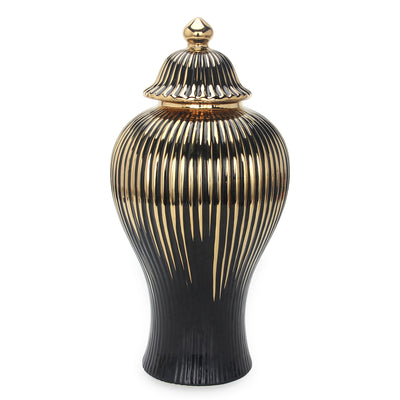 A Black with Gold Design Ceramic Decorative Ginger Jar Vase by Nube Décor on a white background.