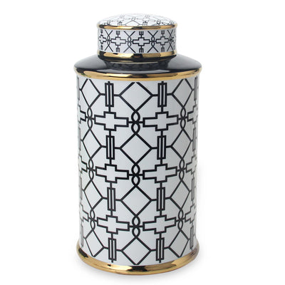 A black and white Elegant White Ceramic Ginger Jar with Black Geometrical Design and Removable Lid by Nube Décor.