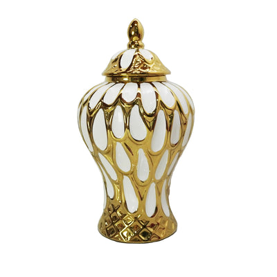An Alluring White and Gold Ginger Jar with Removable Lid by Nube Décor on a white background.