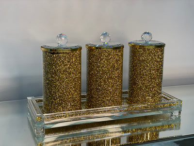 Three Glass Canister Set on a Tray, Gold Crushed Diamond Glass