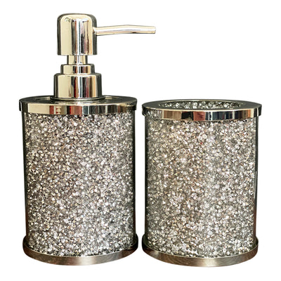 Soap Dispenser and Toothbrush Holder in Gift Box, Silver Crushed Diamond Glass