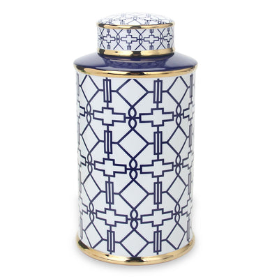 An Elegant White Ceramic Ginger Jar with Blue Geometrical Design and Removable Lid by Nube Décor, perfect for home decor.