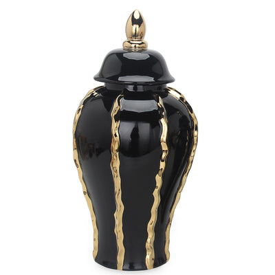 An Elegant Black Ceramic Ginger Jar Vase with Gold Accents and Removable Lid - Timeless Home Decor, by Nube Décor.