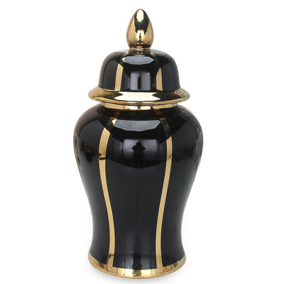 A Black Linear Gilded Ginger Jar with Removable Lid by Nube Décor on a white background.