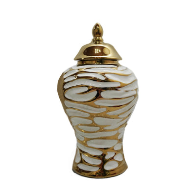 A Charming White and Gold Ginger Jar with Removable Lid by Nube Décor on a white background.