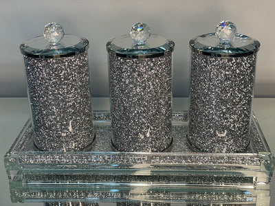 Three Glass Canister Set on a Tray, Silver Crushed Diamond Glass