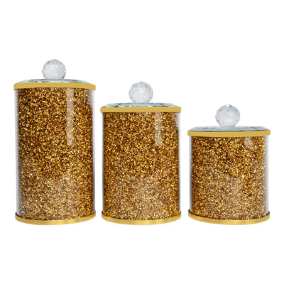 Three Glass Canister Set in Gift Box, Gold Crushed Diamond Glass