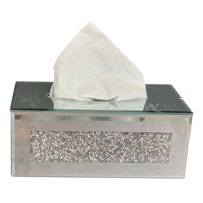 Mirrored Tissue Holder in Gift Box in Gift Box, Silver Crushed Diamond Glass Accent