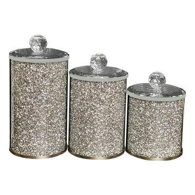 Three Glass Canister Set in Gift Box, Silver Crushed Diamond Glass
