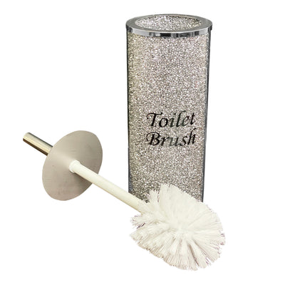 Toilet Brush Holder with Brush in Gift Box, Silver Crushed Diamond Glass